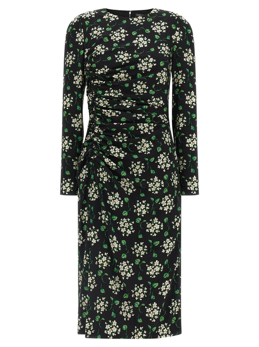 Dress by Dolce & Gabbana for women in synthetic silk black & print features an eye catching silhouette with a sophisticated crew split neckline, elegant long-sleeve, and a refined midi for a eye catching aesthetic.