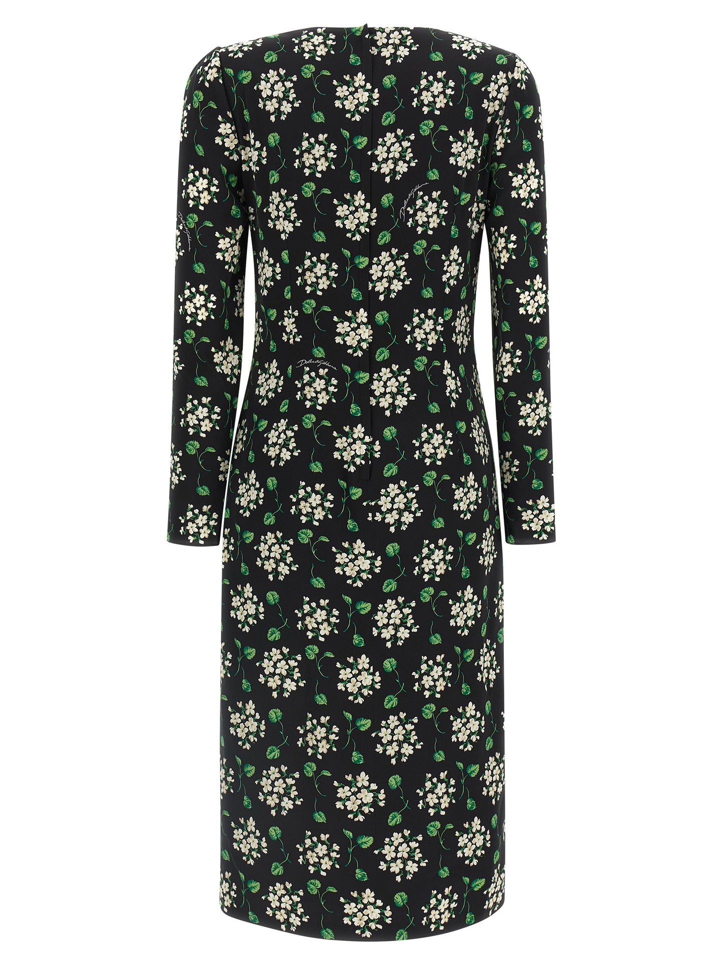 Dress by Dolce & Gabbana for women in synthetic silk black & print showcases a striking silhouette, elegantly detailed with a , refined crew split neckline, and a striking midi for a striking finish.