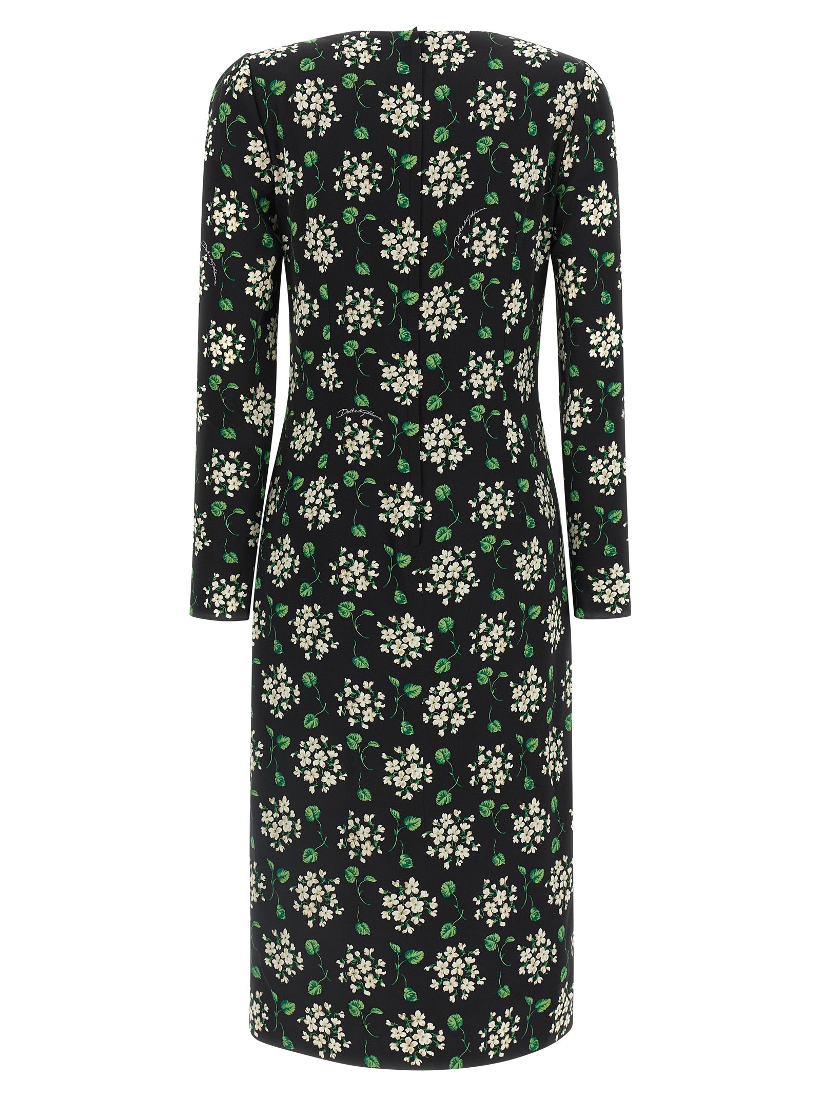 Dress by Dolce & Gabbana for women in synthetic silk black & print showcases a striking silhouette, elegantly detailed with a , refined crew split neckline, and a striking midi for a striking finish.