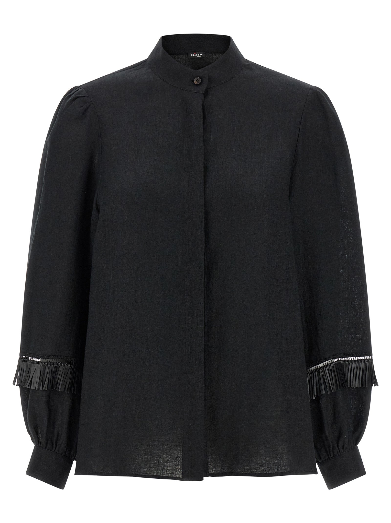Blouse by Kiton for women in linen black presents a discerning silhouette, showcasing a sophisticated mandarin neckline and for a truly discerning finish.