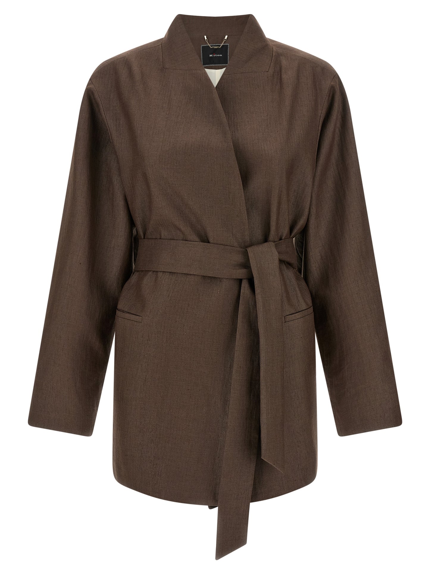 Blazer by Kiton for women in linen & polyamide brown presents a distinguished silhouette, detailed with a distinguished shawl-collar neckline and distinctive for a truly sophisticated finish.