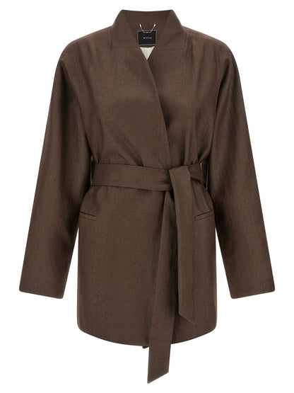 Blazer by Kiton for women in linen & polyamide brown presents a distinguished silhouette, detailed with a distinguished shawl-collar neckline and distinctive for a truly sophisticated finish.