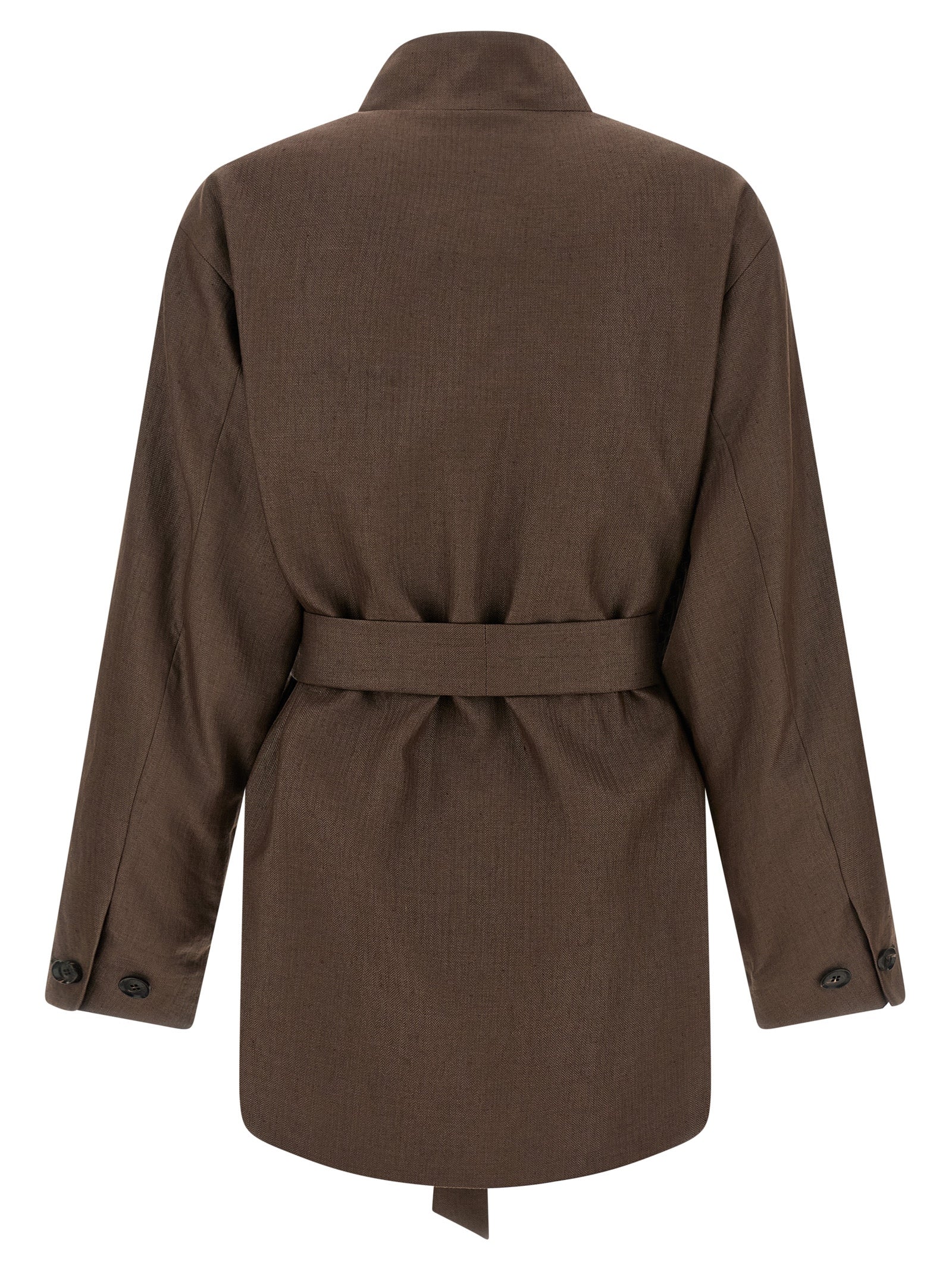 Blazer by Kiton for women in linen & polyamide brown presents a distinguished silhouette, detailed with a distinguished shawl-collar neckline and distinctive for a truly sophisticated finish.