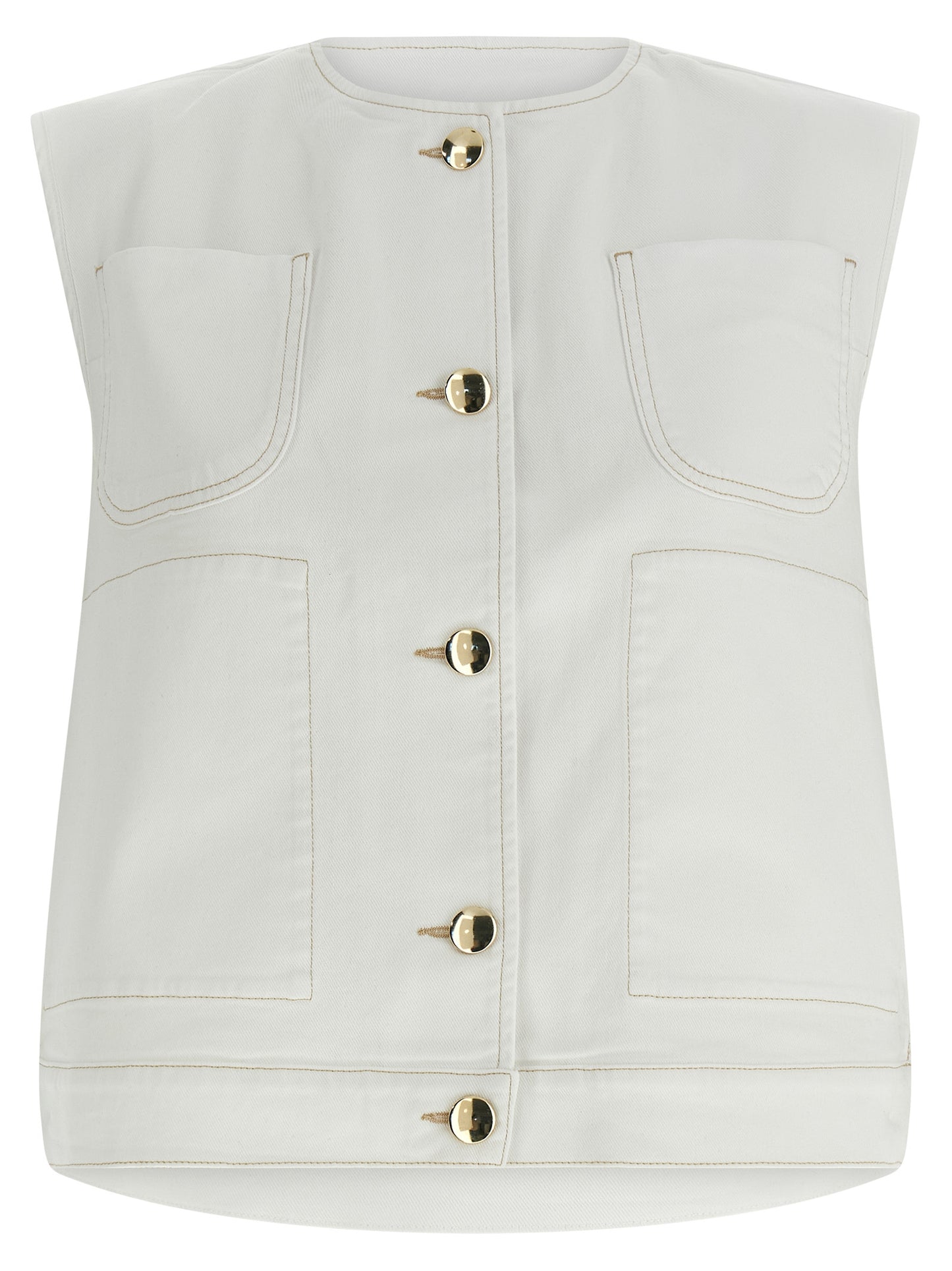 Vest by Fabiana Filippi for women in stretch denim cotton gold & white features a chic silhouette, expertly detailed with a refined crew neckline and premium pockets for a truly chic look.
