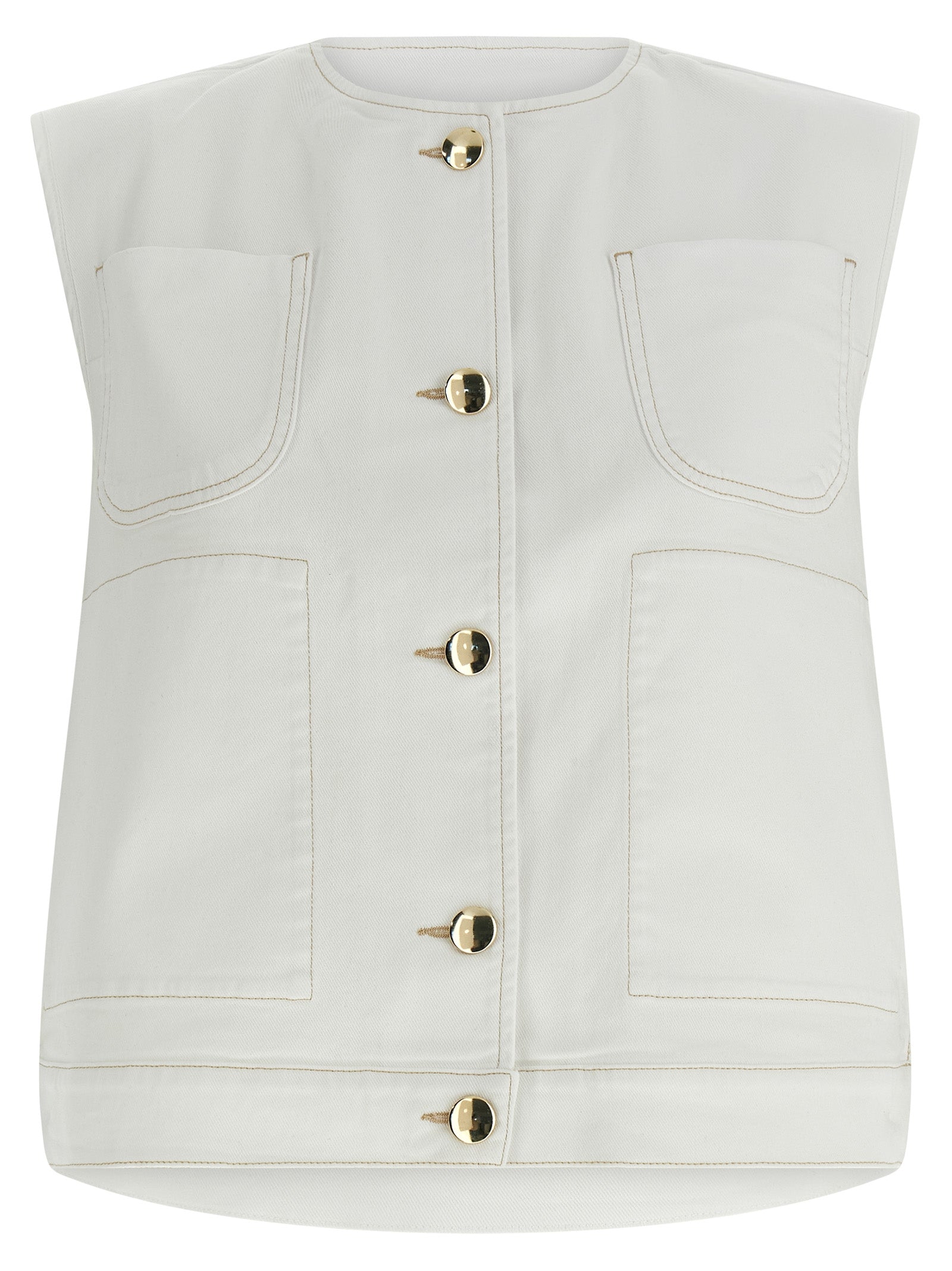 Vest by Fabiana Filippi for women in stretch denim cotton gold & white features a chic silhouette, expertly detailed with a refined crew neckline and premium pockets for a truly chic look.