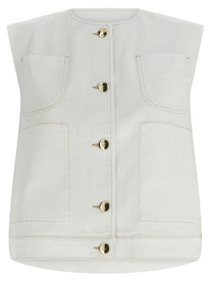Vest by Fabiana Filippi for women in stretch denim cotton gold & white features a chic silhouette, expertly detailed with a refined crew neckline and premium pockets for a truly chic look.