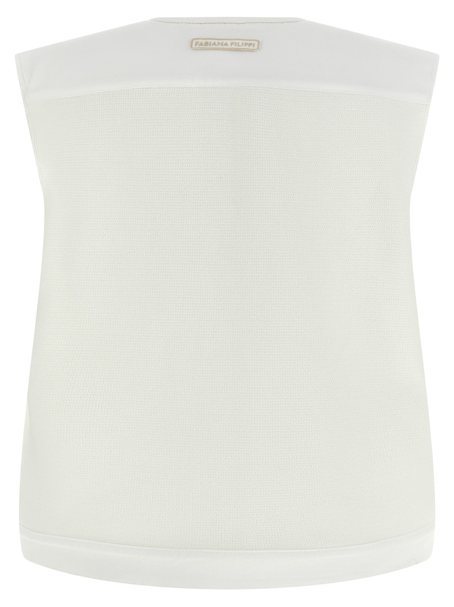 Vest by Fabiana Filippi for women in stretch denim cotton gold & white features a enviable silhouette, elegantly detailed with a enviable crew neckline and functional pockets for a enviable finish.