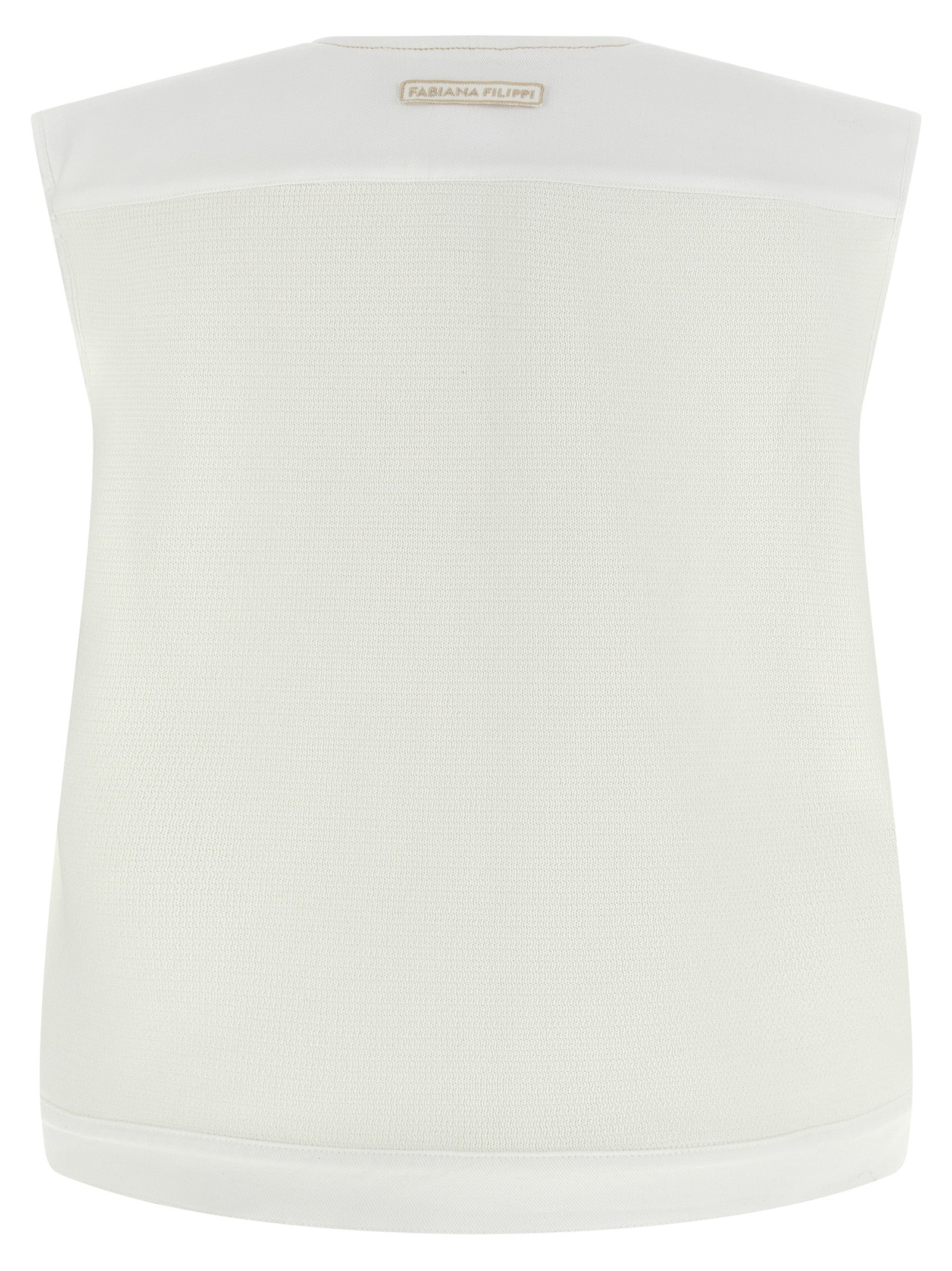 Vest by Fabiana Filippi for women in stretch denim cotton gold & white features a enviable silhouette, elegantly detailed with a enviable crew neckline and functional pockets for a enviable finish.