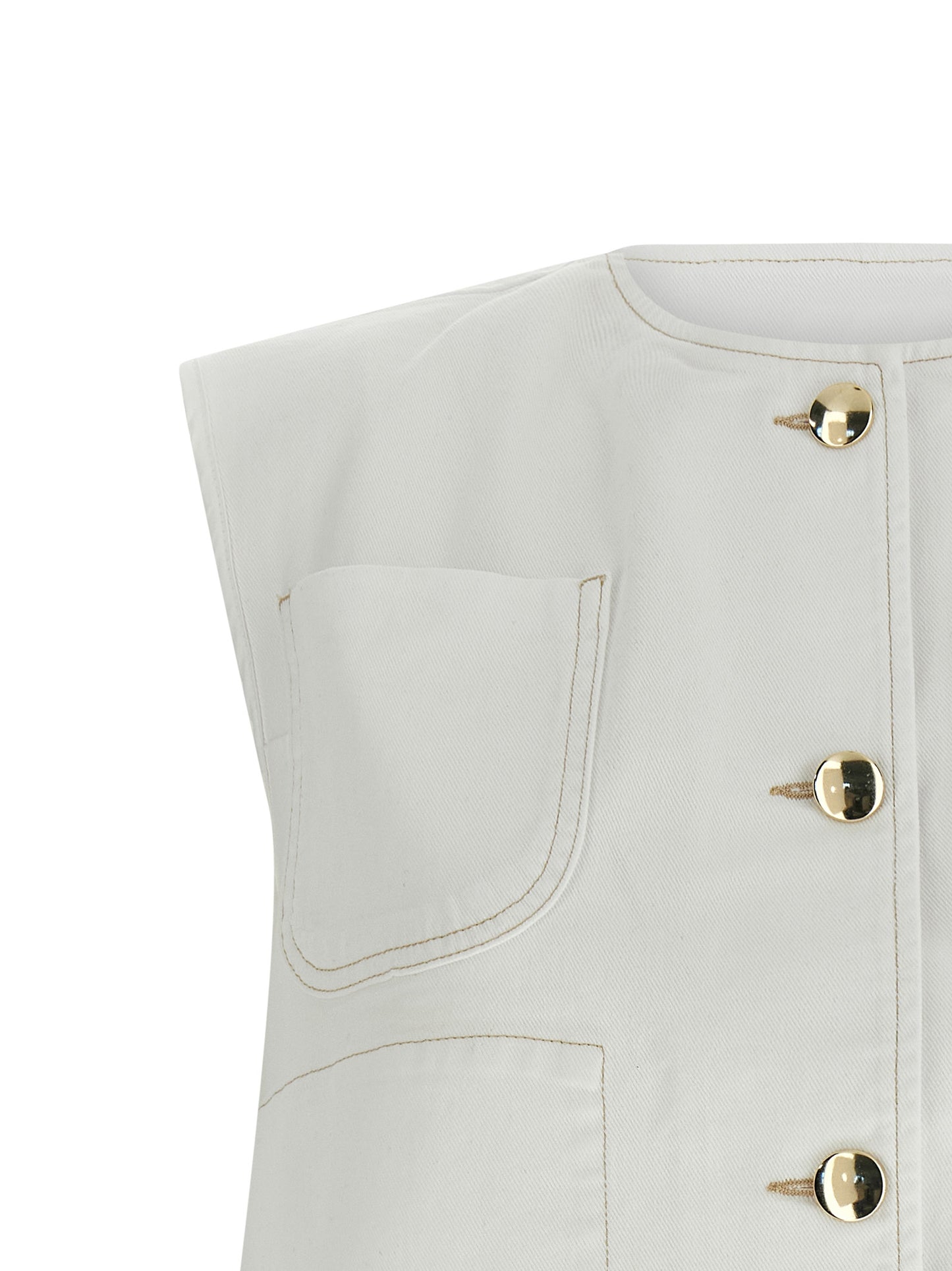Vest by Fabiana Filippi for women in stretch denim cotton gold & white showcases a dynamic silhouette, perfectly balancing pockets with a dynamic crew neckline for a sophisticated, high-fashion look.