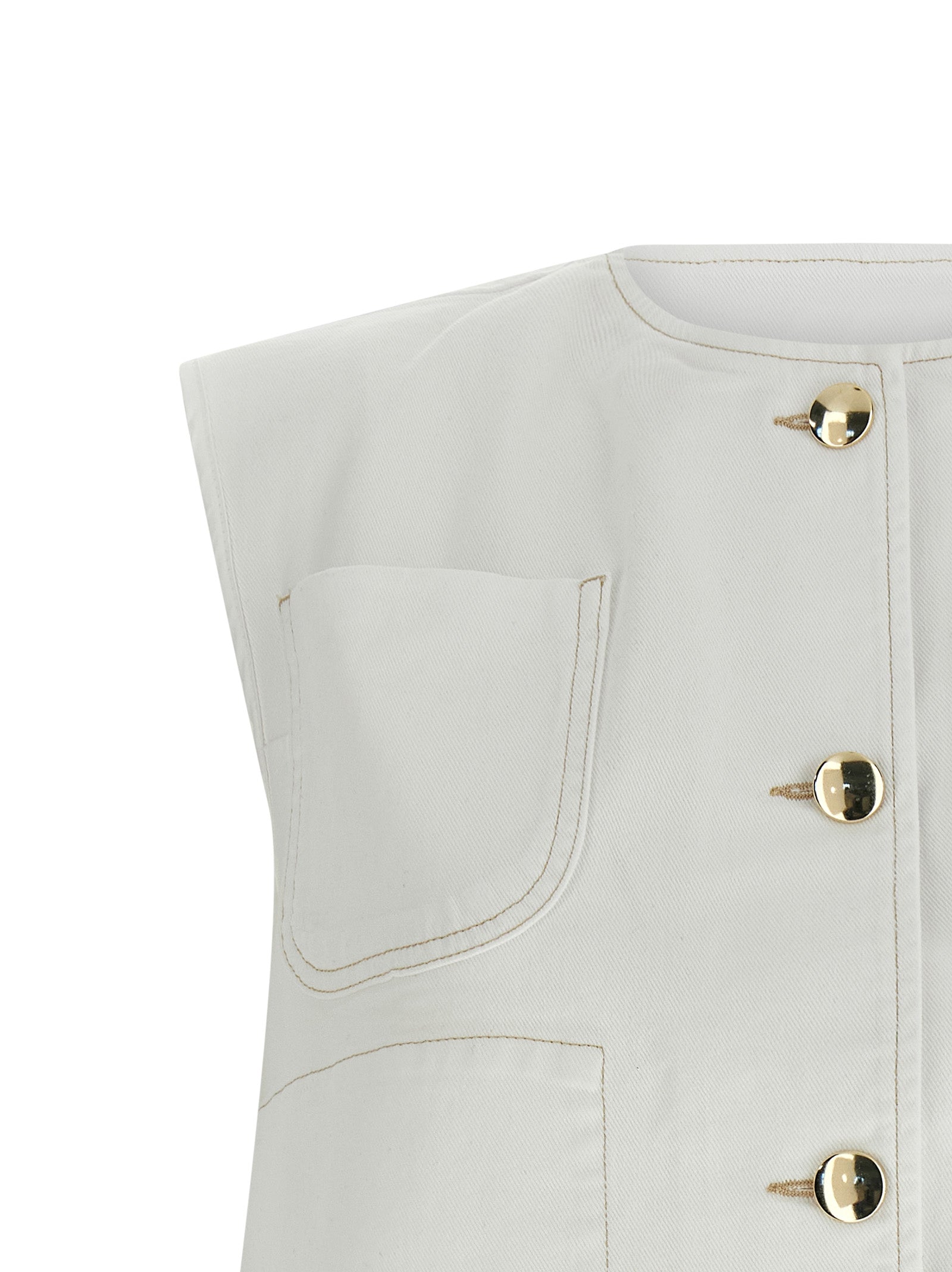 Vest by Fabiana Filippi for women in stretch denim cotton gold & white showcases a dynamic silhouette, perfectly balancing pockets with a dynamic crew neckline for a sophisticated, high-fashion look.