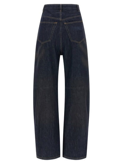 Jeans by MM6 Maison Margiela for women in denim cotton blue presents a refined pantology silhouette, artfully defined by a refined pantology straight-leg & wide, long, and a sophisticated high rise.