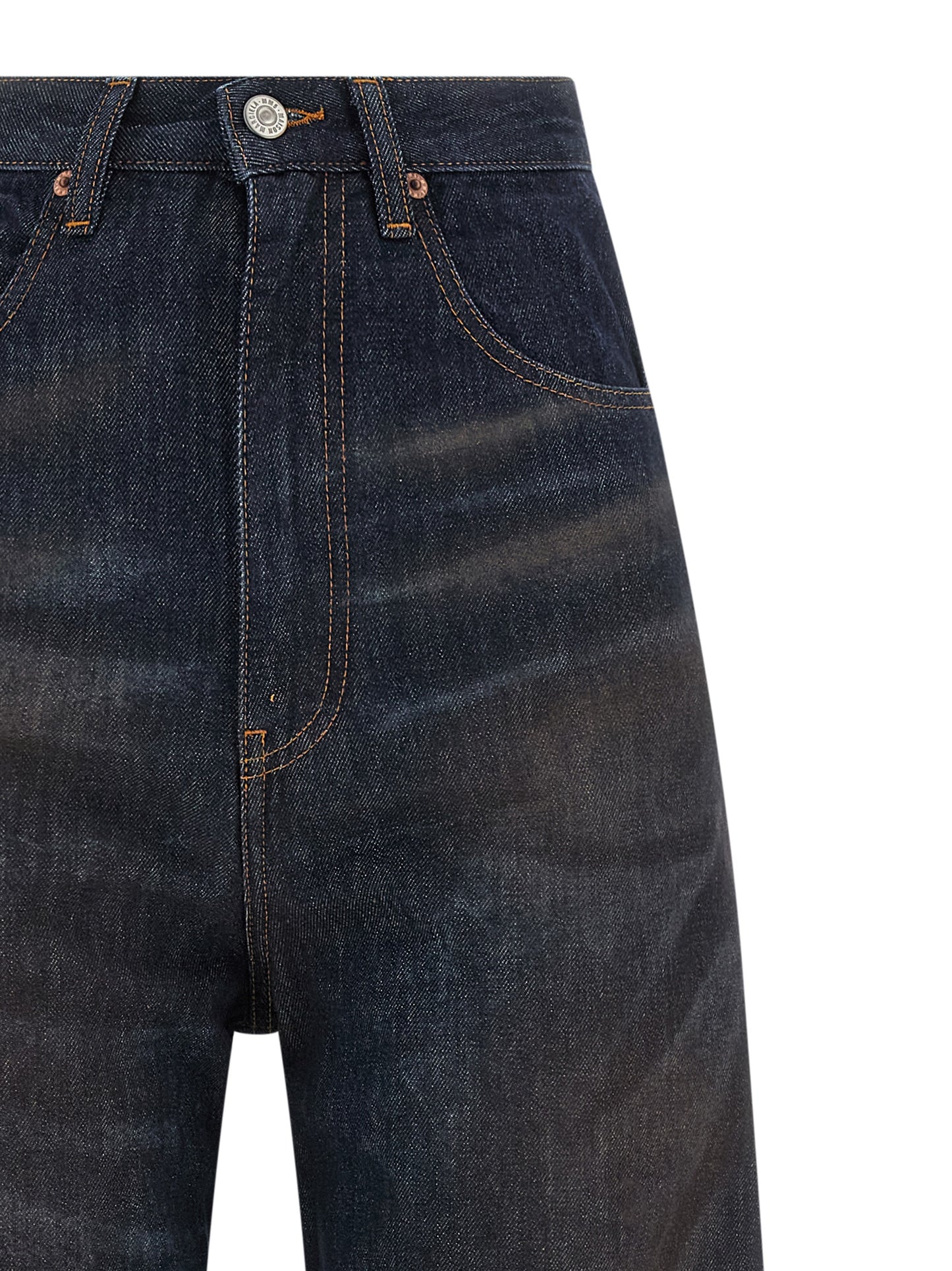 Jeans by MM6 Maison Margiela for women in denim cotton blue presents a tailored silhouette, showcasing a tailored straight-leg & wide and long cut with a refined high rise for a truly tailored aesthetic.