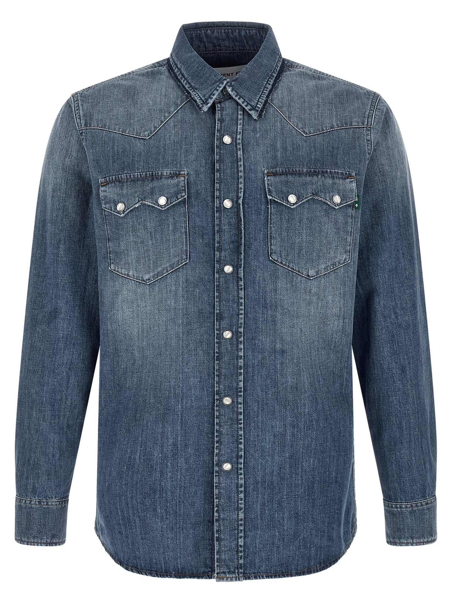Shirt by Department 5 for men in linen & denim cotton blue showcases a sharp silhouette, elegantly detailed with a sharp and sharp .
