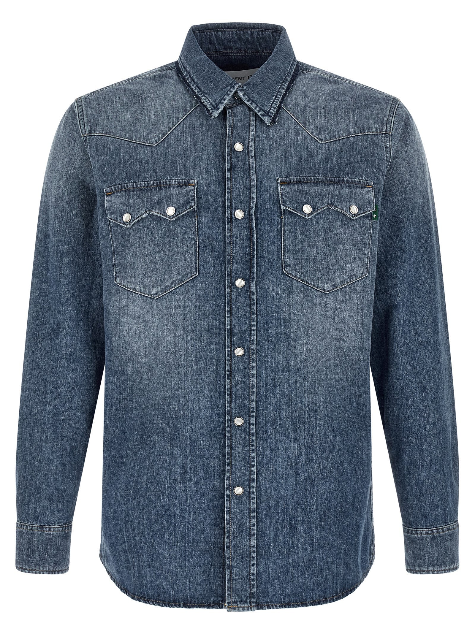 Shirt by Department 5 for men in linen & denim cotton blue showcases a sharp silhouette, elegantly detailed with a sharp and sharp .