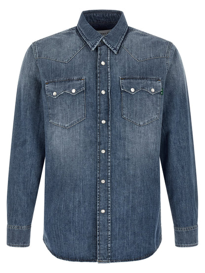 Shirt by Department 5 for men in linen & denim cotton blue showcases a sharp silhouette, elegantly detailed with a sharp and sharp .