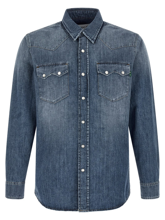 Shirt by Department 5 for men in linen & denim cotton blue showcases a sharp silhouette, elegantly detailed with a sharp and sharp .