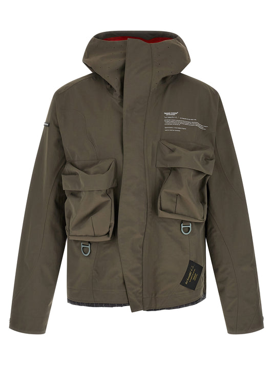 Hooded Parka by Undercover for men in nylon fabric gray features an avant garde silhouette, showcasing refined windproof, pockets & hooded and a sophisticated hooded neckline for a polished look.