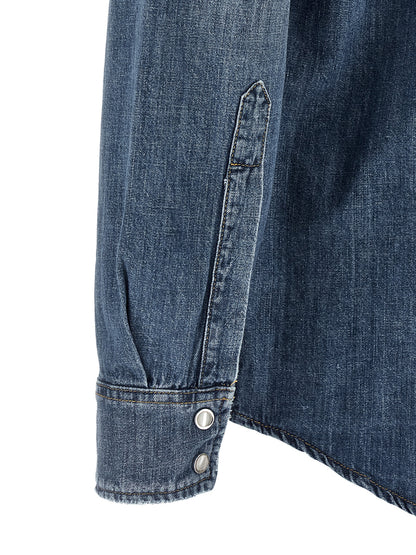Shirt by Department 5 for men in linen & denim cotton blue showcases a sharp silhouette, elegantly detailed with a sharp and sharp .