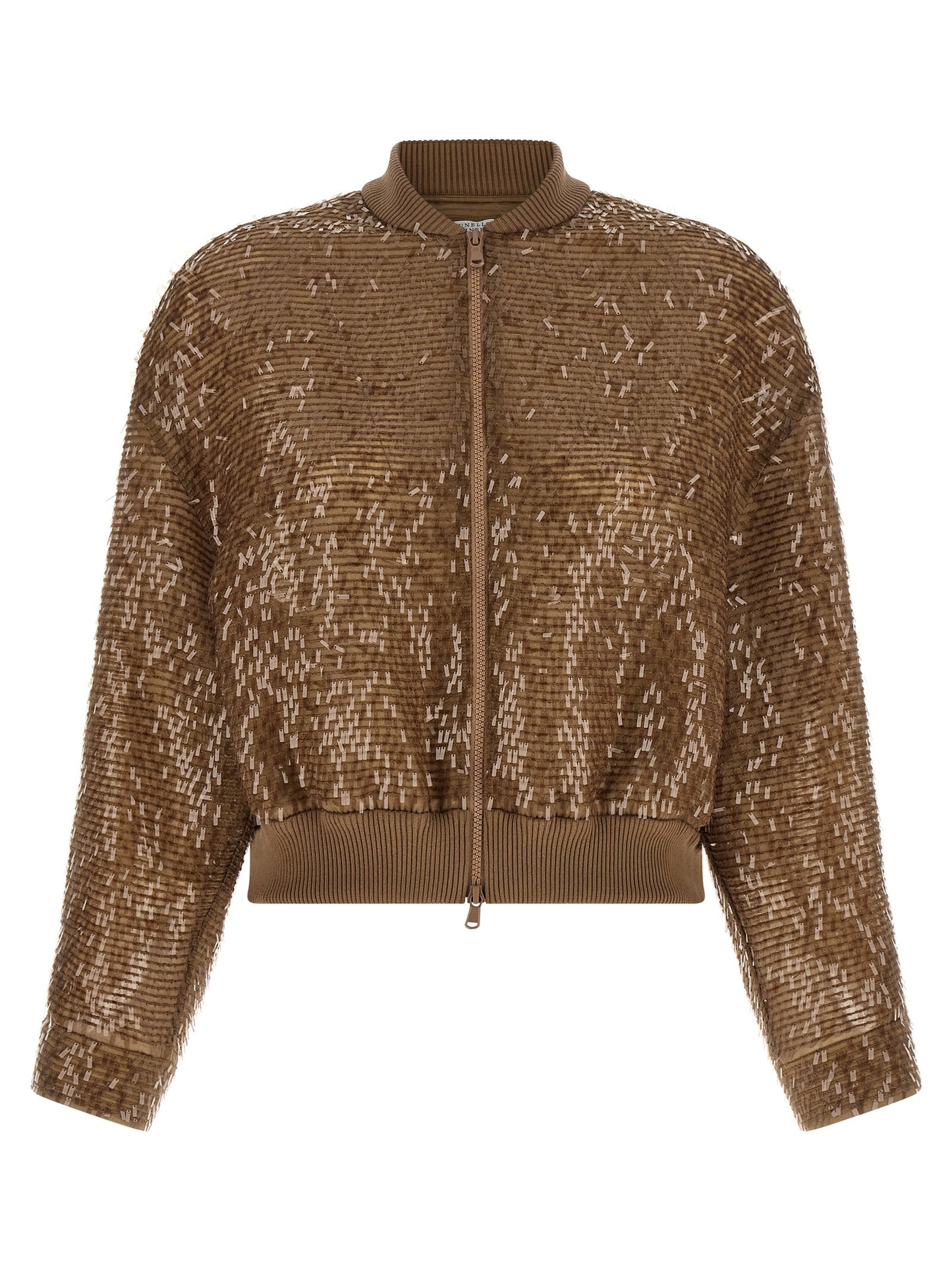 Cardigan by Brunello Cucinelli for women in silk & sequins brown presents a textural silhouette, artfully finished with a textural and long-sleeve for a sophisticated, textural look.