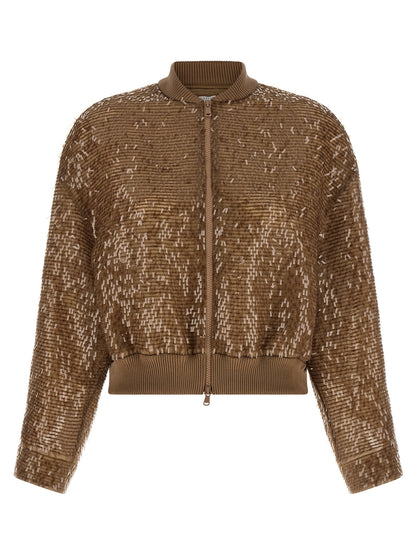 Cardigan by Brunello Cucinelli for women in silk & sequins brown presents a textural silhouette, artfully finished with a textural and long-sleeve for a sophisticated, textural look.