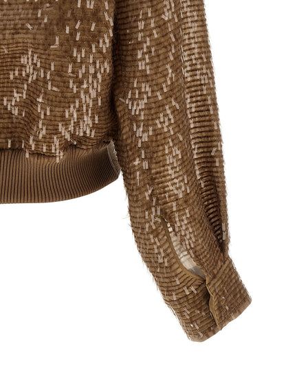 Cardigan by Brunello Cucinelli for women in silk & sequins brown showcases a luxurious silhouette, meticulously detailed with a sophisticated and for a refined finish.