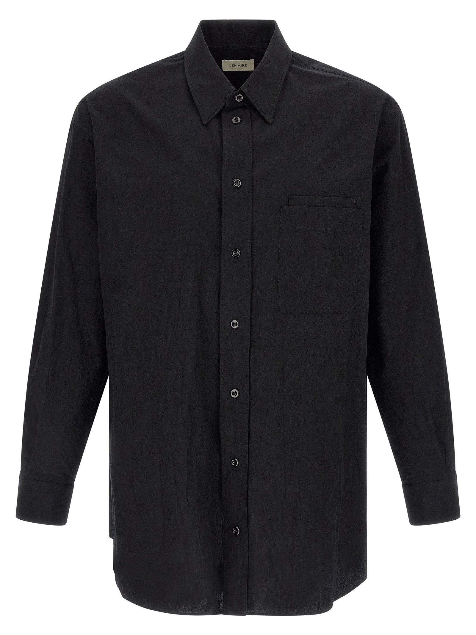 Shirt by Lemaire for men in cotton black showcases a sharp silhouette, elegantly detailed with a sharp and sharp long-sleeve.