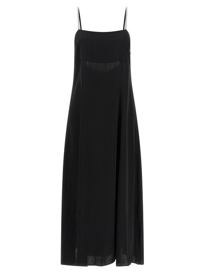 Dress by Peserico for women in viscose satin & rhinestone black features a dramatic silhouette, showcasing an elegant and that flows into a dramatic maxi long.