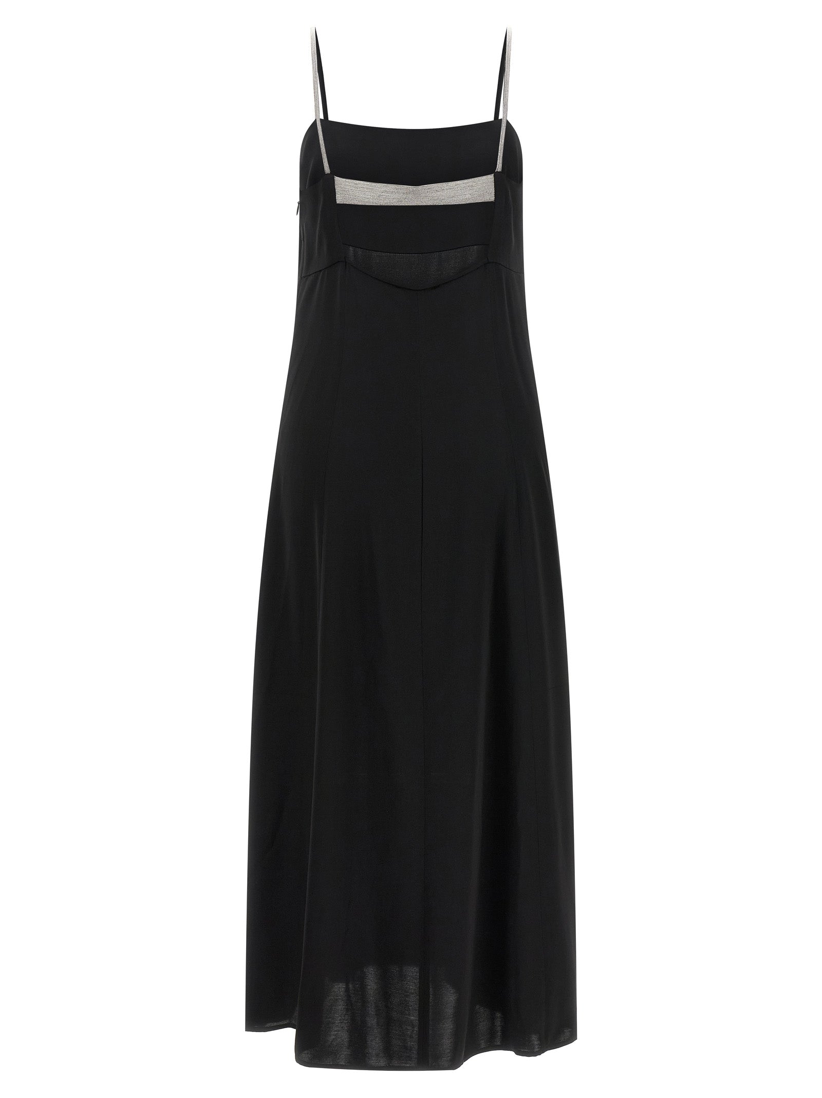 Dress by Peserico for women in viscose satin & rhinestone black features an eye catching silhouette with a sophisticated , elegant , and a refined maxi long for a eye catching aesthetic.
