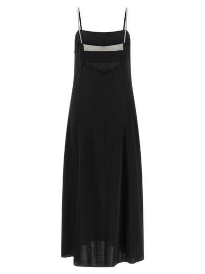 Dress by Peserico for women in viscose satin & rhinestone black features an eye catching silhouette with a sophisticated , elegant , and a refined maxi long for a eye catching aesthetic.