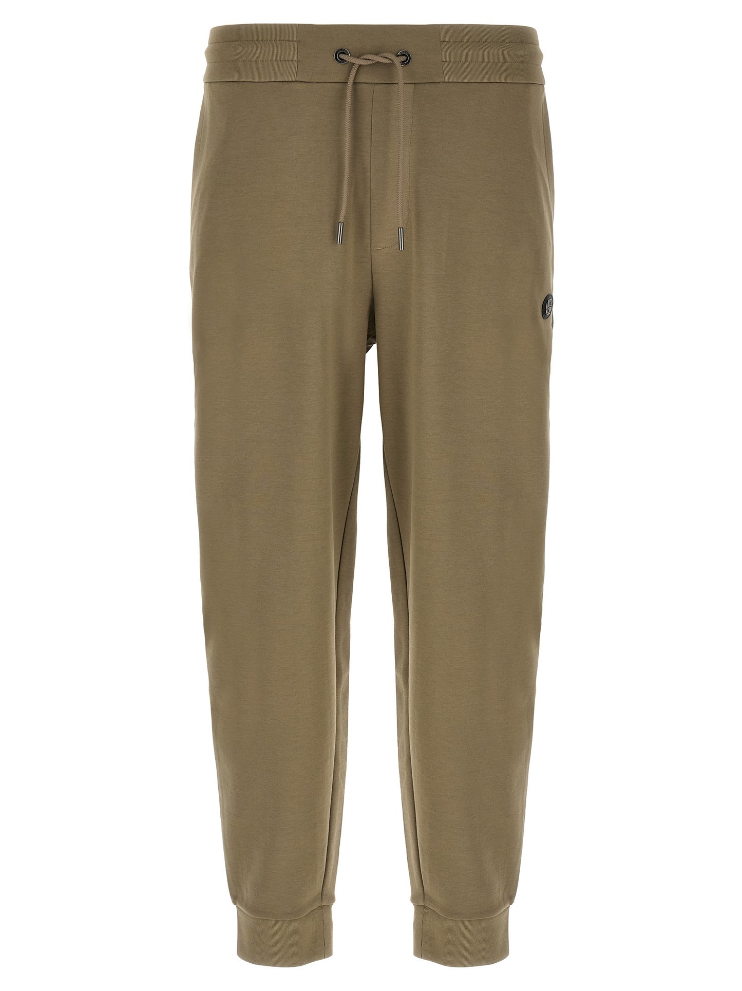 Joggers by Hugo Boss for men in polyester cotton & leather bicolour & green presents a tailored silhouette, showcasing a tailored straight-leg and long cut with a refined for a truly tailored aesthetic.
