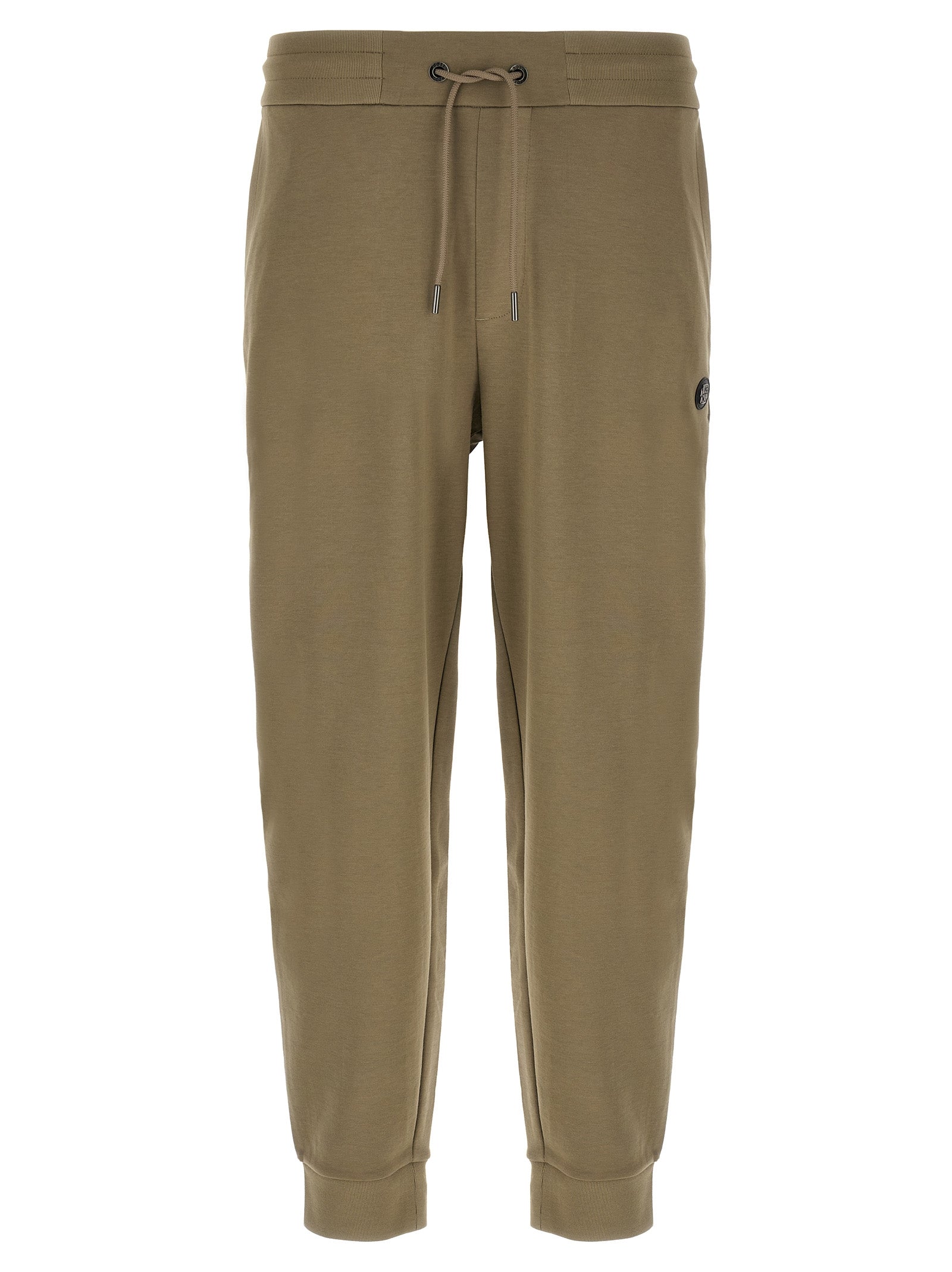 Joggers by Hugo Boss for men in polyester cotton & leather bicolour & green presents a tailored silhouette, showcasing a tailored straight-leg and long cut with a refined for a truly tailored aesthetic.