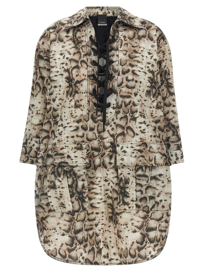 Dress by PINKO for women in cotton gray & print presents a sinuous silhouette, showcasing a sophisticated and three-quarter-sleeve detailed with a sinuous short mini for a refined finish.