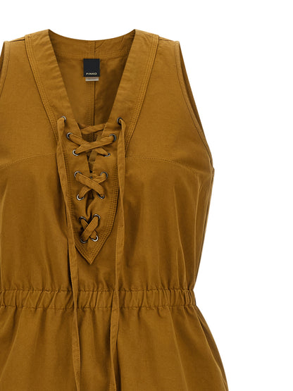 Dress by PINKO for women in cotton brown features a dramatic silhouette, showcasing an elegant v-neck neckline and that flows into a dramatic long.