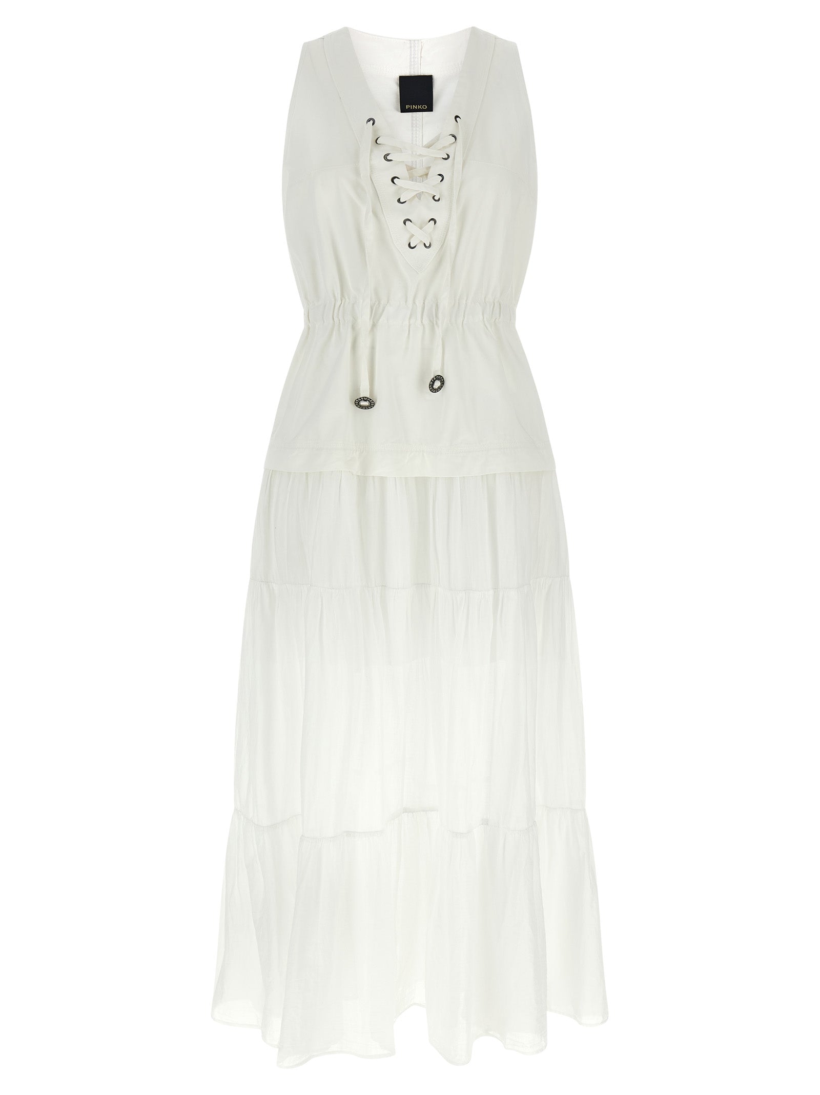 Dress by PINKO for women in cotton white features an eye catching silhouette with a sophisticated v-neck neckline, elegant sleeveless, and a refined long for a eye catching aesthetic.