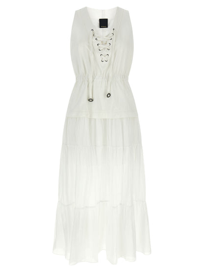 Dress by PINKO for women in cotton white features an eye catching silhouette with a sophisticated v-neck neckline, elegant sleeveless, and a refined long for a eye catching aesthetic.
