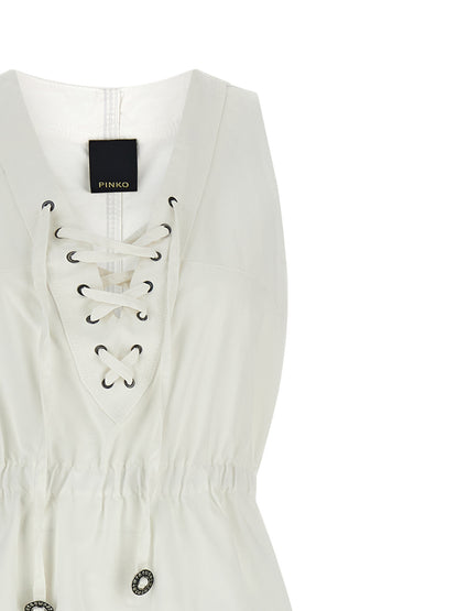 Dress by PINKO for women in cotton white showcases a striking silhouette, elegantly detailed with a , refined v-neck neckline, and a striking long for a striking finish.