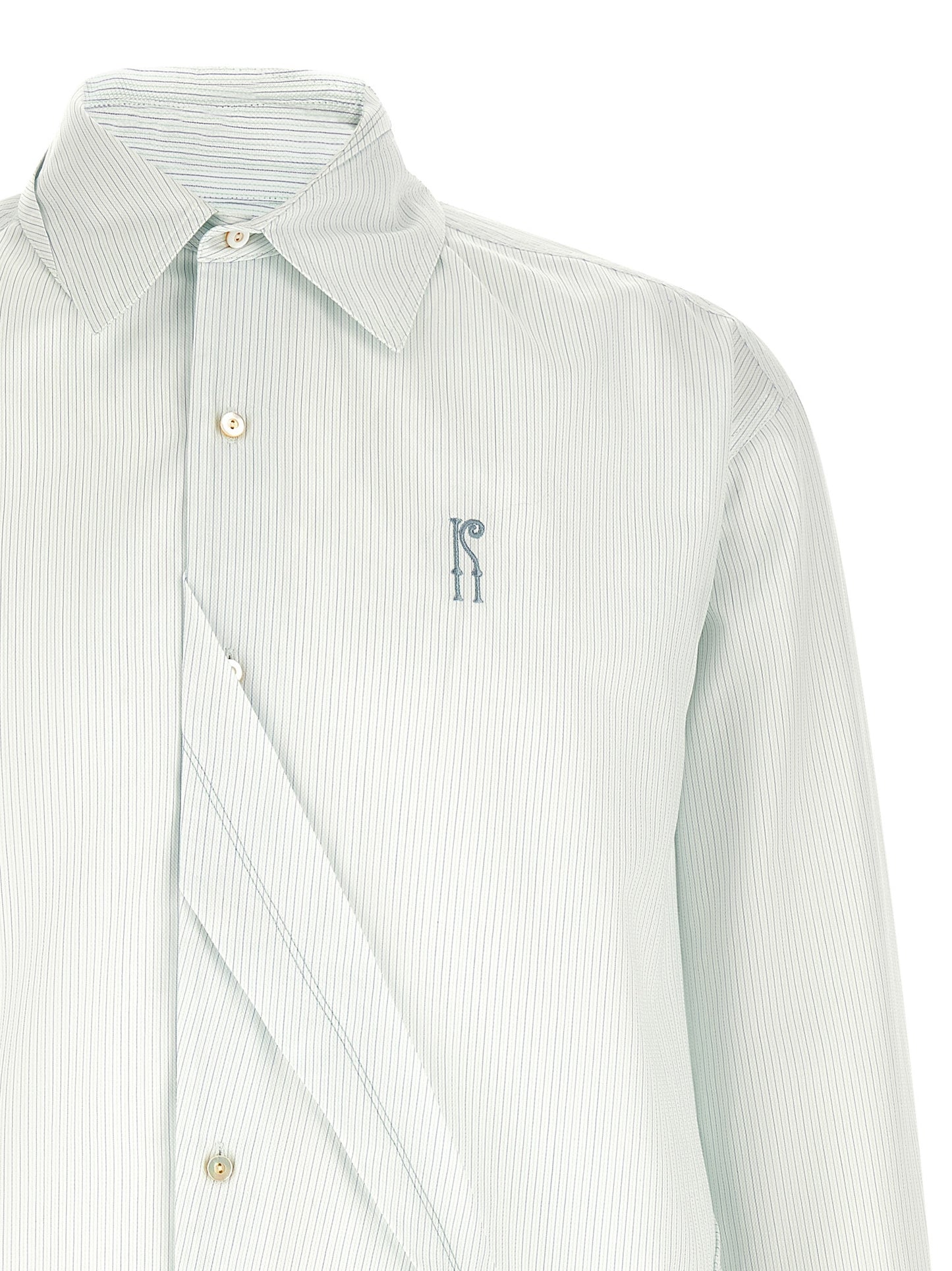Blouse by Kiko Kostadinov for men in cotton bicolour, green, pearl & striped showcases a sleek silhouette, elegantly detailed with a sleek and for a sleek finish.