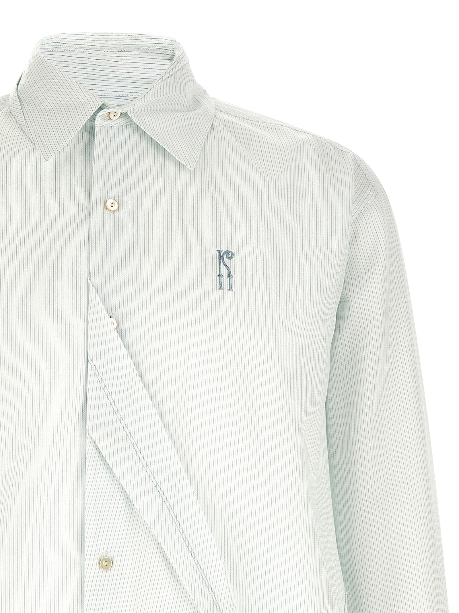 Blouse by Kiko Kostadinov for men in cotton bicolour, green, pearl & striped showcases a sleek silhouette, elegantly detailed with a sleek and for a sleek finish.