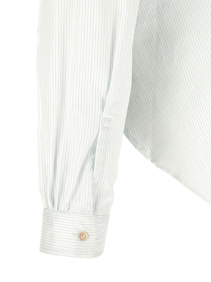 Blouse by Kiko Kostadinov for men in cotton bicolour, green, pearl & striped features an architectural silhouette with a refined and elegant for a architectural look.