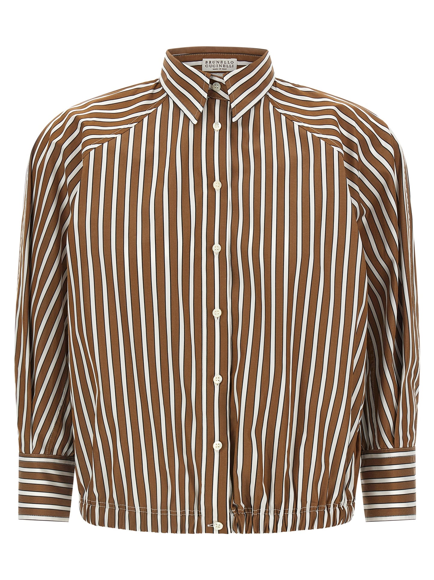 Blouse by Brunello Cucinelli for women in cotton brown, pearl & striped features an polished silhouette, showcasing a sophisticated and three-quarter-sleeve detail for a truly polished finish.