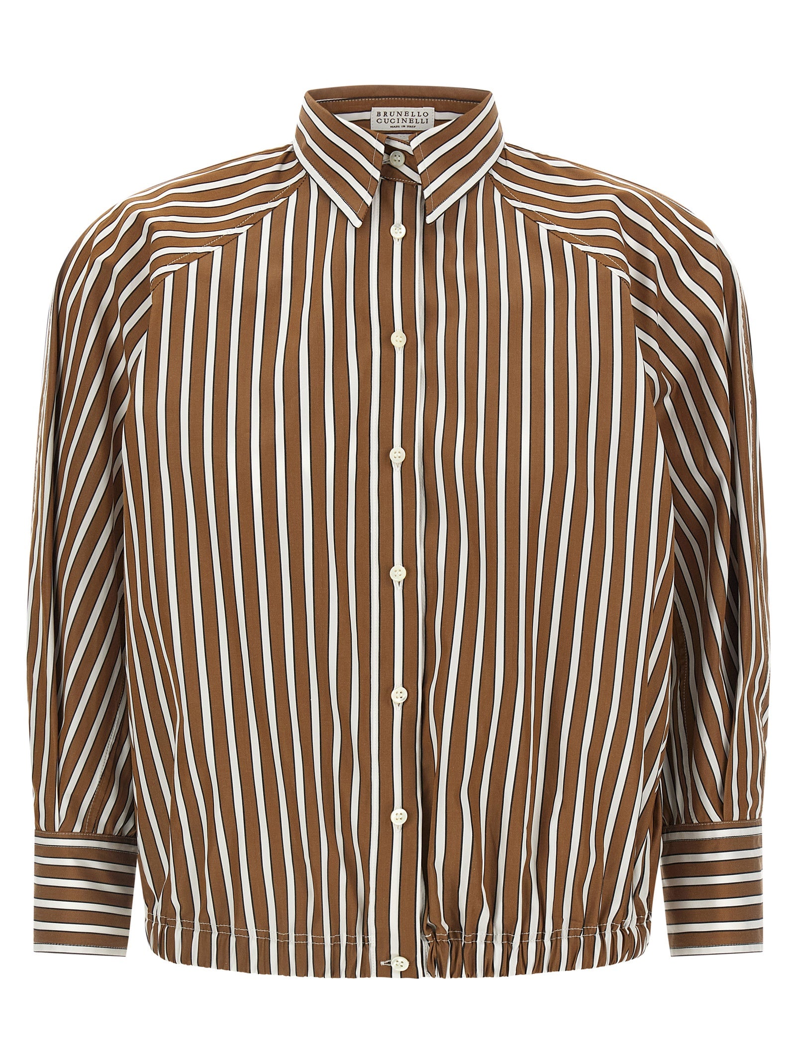 Blouse by Brunello Cucinelli for women in cotton brown, pearl & striped features an polished silhouette, showcasing a sophisticated and three-quarter-sleeve detail for a truly polished finish.
