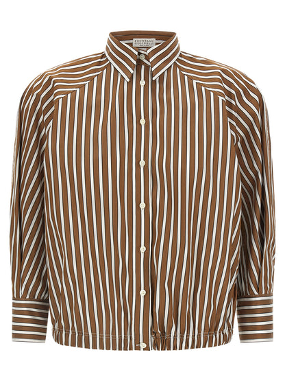 Blouse by Brunello Cucinelli for women in cotton brown, pearl & striped features an polished silhouette, showcasing a sophisticated and three-quarter-sleeve detail for a truly polished finish.