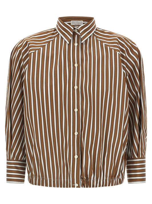 Blouse by Brunello Cucinelli for women in cotton brown, pearl & striped features an polished silhouette, showcasing a sophisticated and three-quarter-sleeve detail for a truly polished finish.