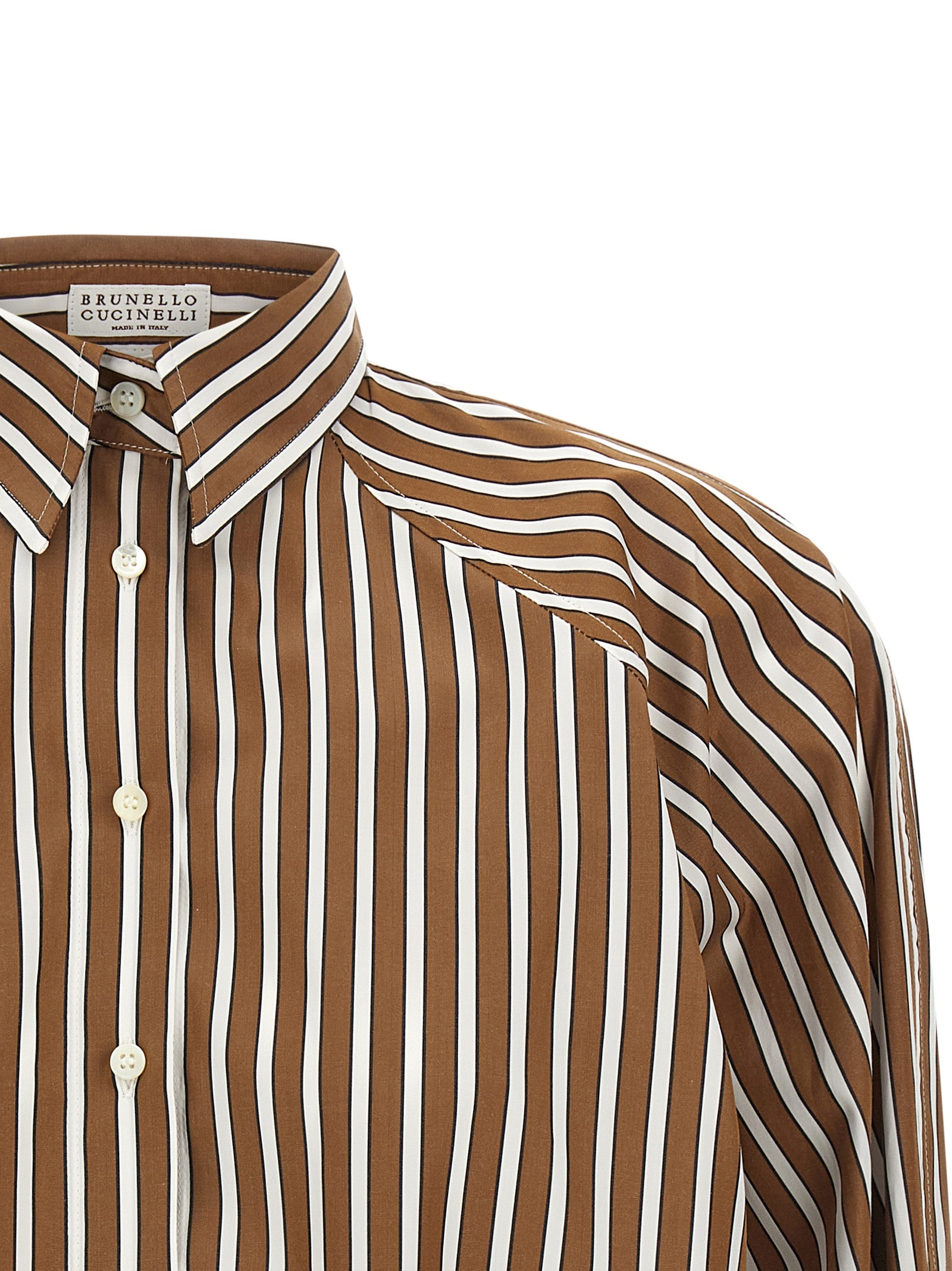 Blouse by Brunello Cucinelli for women in cotton brown, pearl & striped showcases a sleek silhouette, elegantly detailed with a sleek and for a sleek finish.