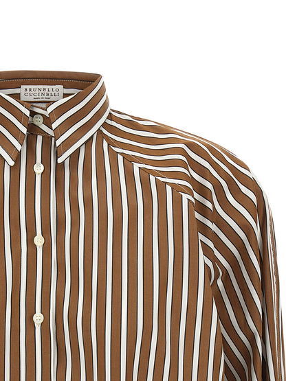 Blouse by Brunello Cucinelli for women in cotton brown, pearl & striped showcases a sleek silhouette, elegantly detailed with a sleek and for a sleek finish.