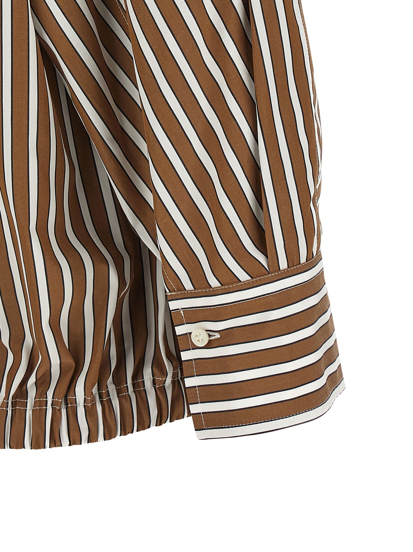 Blouse by Brunello Cucinelli for women in cotton brown, pearl & striped features an architectural silhouette with a refined and elegant for a architectural look.