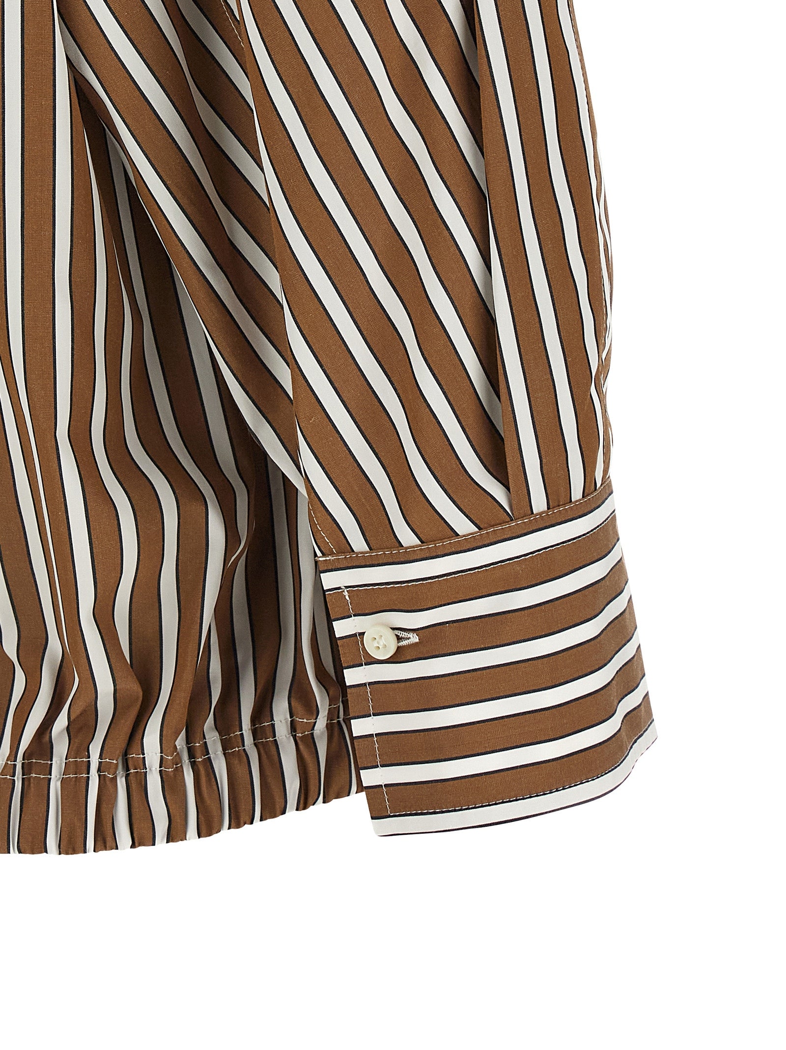 Blouse by Brunello Cucinelli for women in cotton brown, pearl & striped features an architectural silhouette with a refined and elegant for a architectural look.
