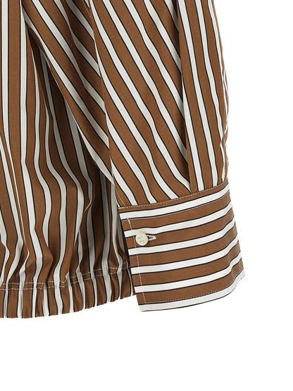Blouse by Brunello Cucinelli for women in cotton brown, pearl & striped features an architectural silhouette with a refined and elegant for a architectural look.