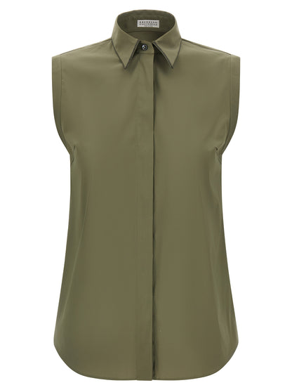 Blouse by Brunello Cucinelli for women in stretch polyamide cotton bicolour & green features an architectural silhouette with a refined sleeveless and elegant for a architectural look.