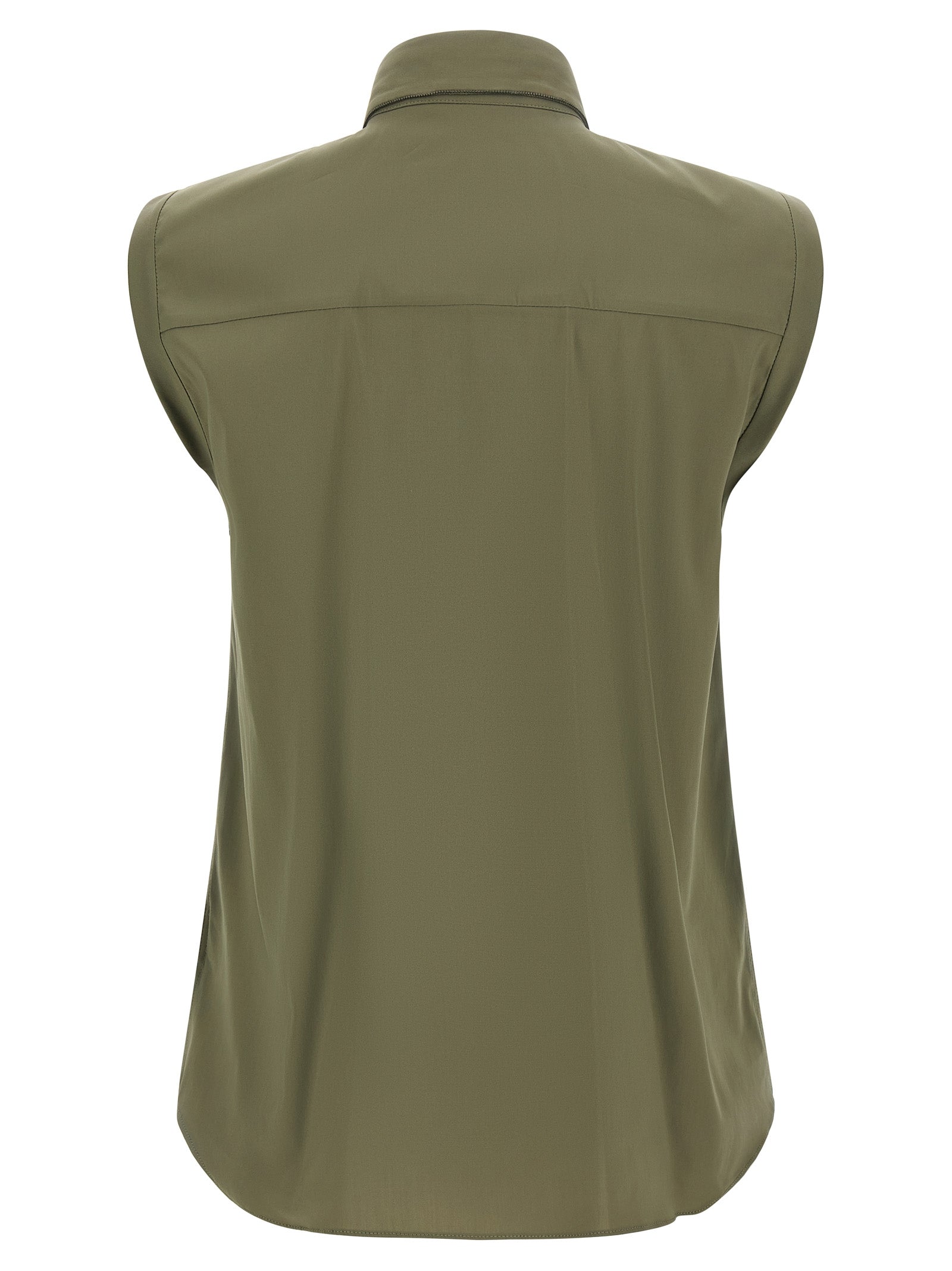 Blouse by Brunello Cucinelli for women in stretch polyamide cotton bicolour & green showcases a sleek silhouette, elegantly detailed with a sleek and for a sleek finish.